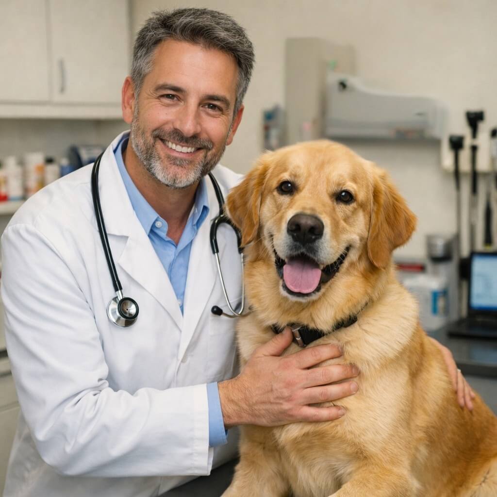Vétérinaire avec golden retriever